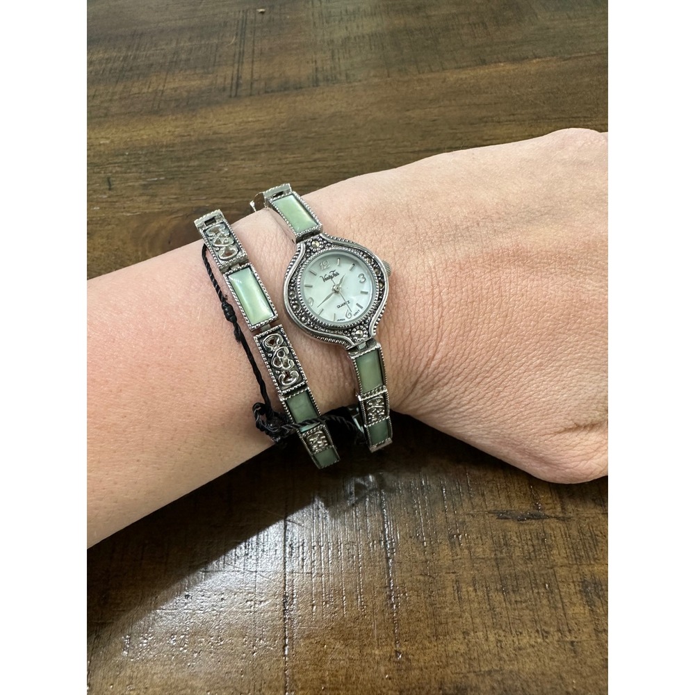 Vanity Fair Silver Tone Green Stone Marcasite Watch and Bracelet Set VF/W883